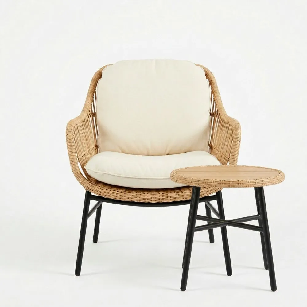 Silla de Mimbre y Cojines de Poliéster Beige con Mesa Auxiliar de Acero Negro