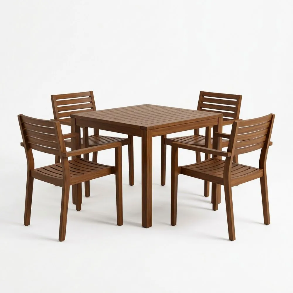 Conjunto de mesa y sillas de madera maciza de eucalipto para exterior Marrón