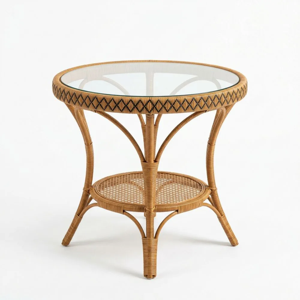 Mesa redonda de ratán con tapa de vidrio templado
