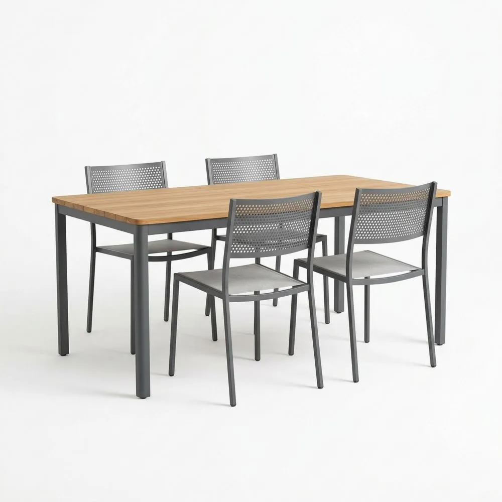 Conjunto de Mesa de Madera de Teca y Sillas de Acero