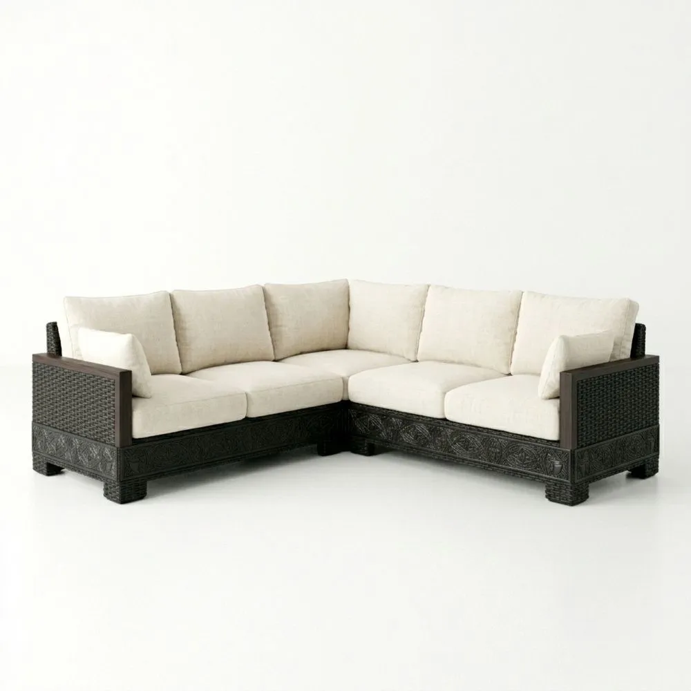 Sofá esquinero de ratán sintético con cojines de poliéster crema