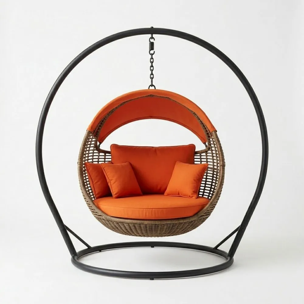 Silla colgante de ratán sintético con cojines naranja y estructura de acero 200cm de Altura total