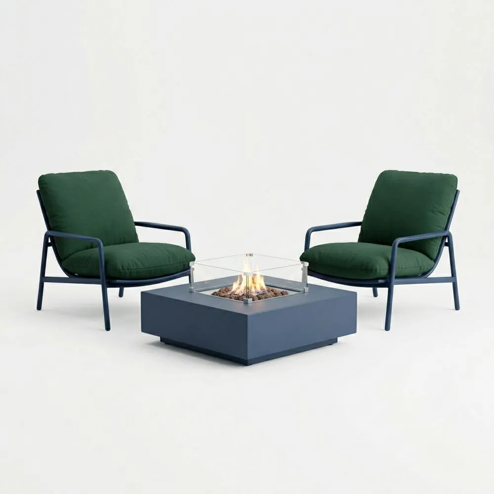 Conjunto de Sillas de Acero con Cojines de Poliéster Verde y Mesa de Fuego de Vidrio Templado