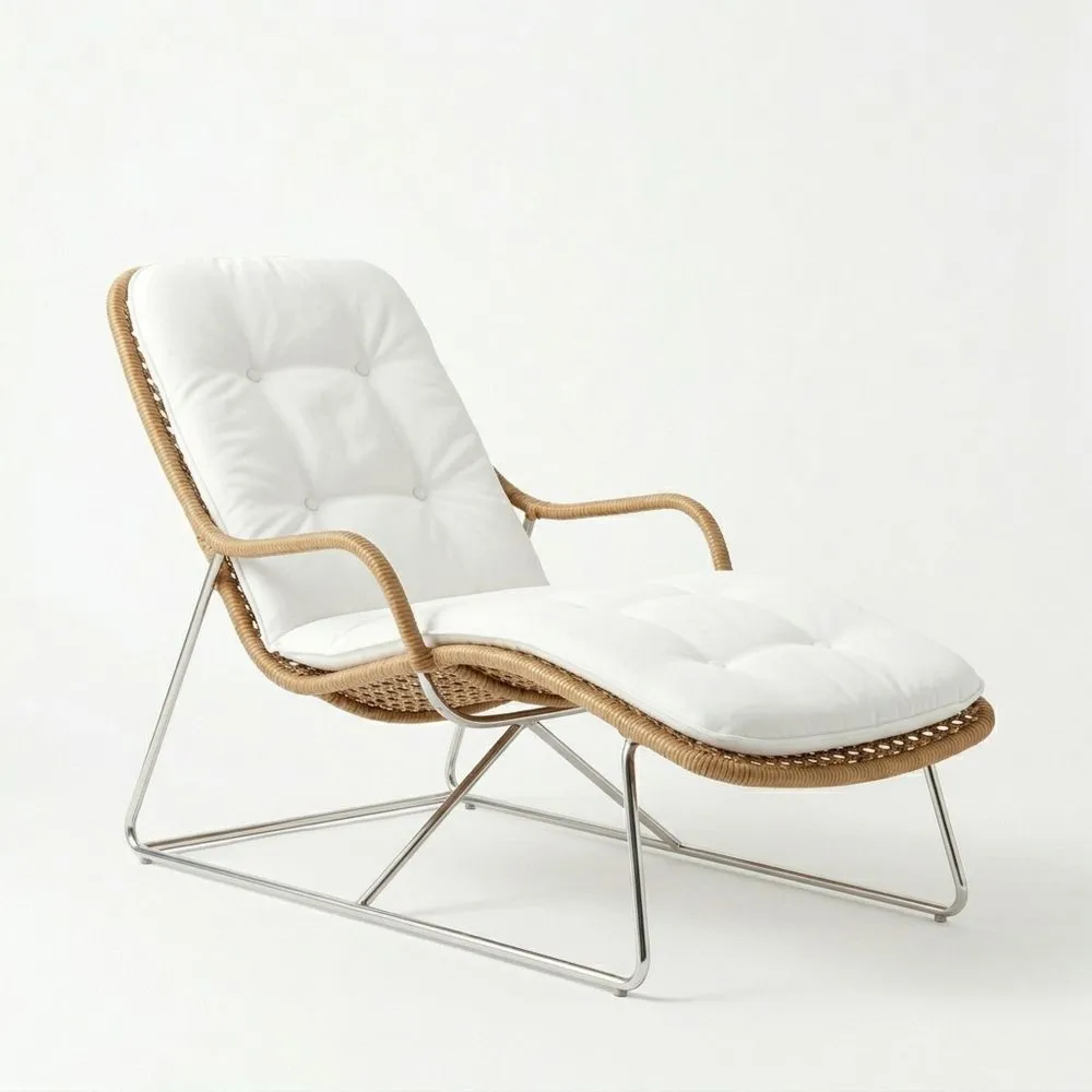 Silla tumbona de ratán y acero con cojines de poliéster Blanco