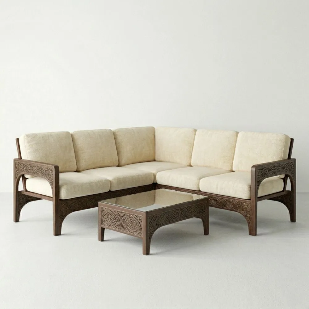 Conjunto de sofá esquinero de ratán con cojines crema y mesa de vidrio