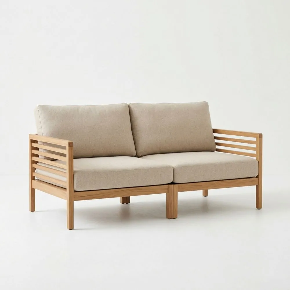 Sofá de dos plazas demadera de teca y lino beige