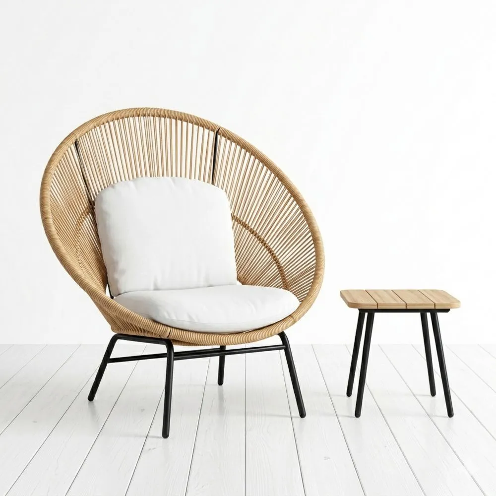 Silla de Ratán Sintético y Mesa Auxiliar de Madera Natural