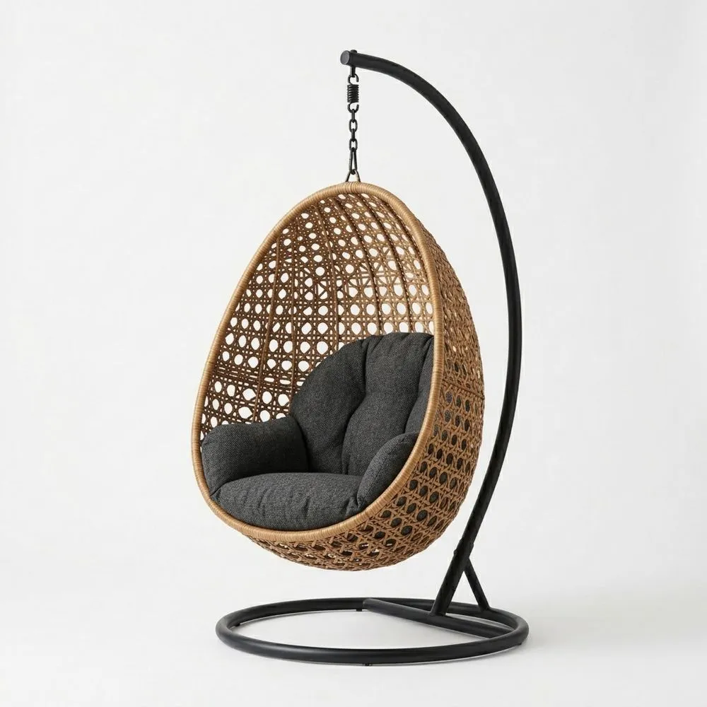 Silla Colgante de Ratán Sintético y Acero con Cojín de Poliéster Negro