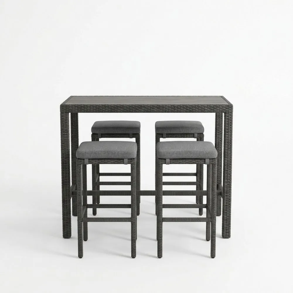 Conjunto de Mesa Alta con 4 Taburetes de Rattan y Aluminio Gris
