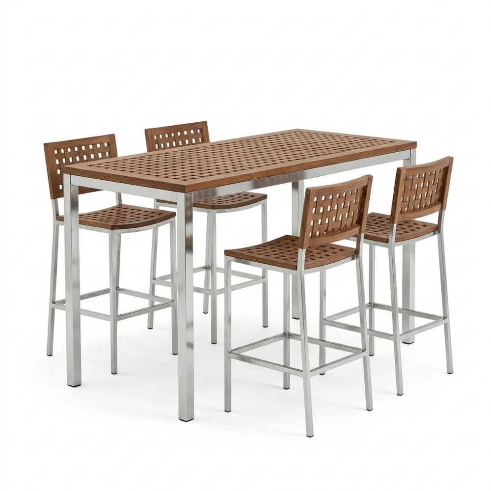 Conjunto de Mesa Alta con Taburetes de Acero y Madera