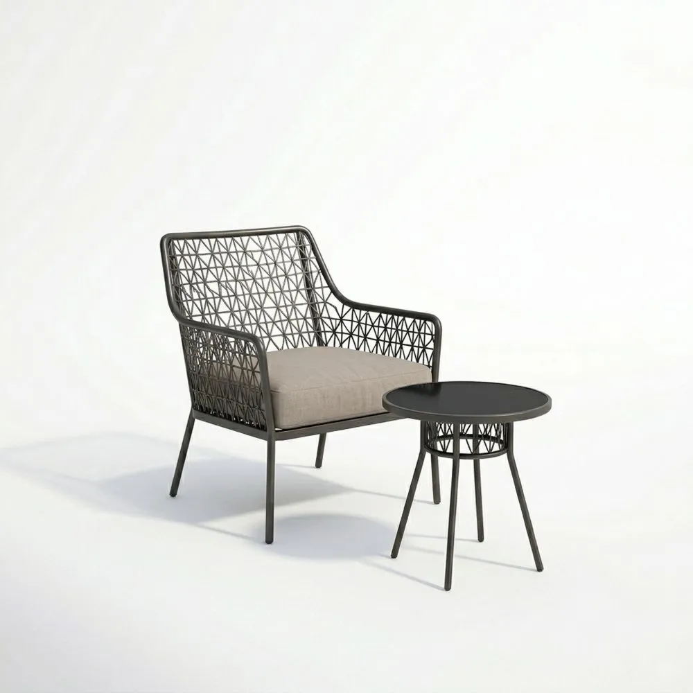 Conjunto de Sillón y Mesa de Acero Negro/Beige