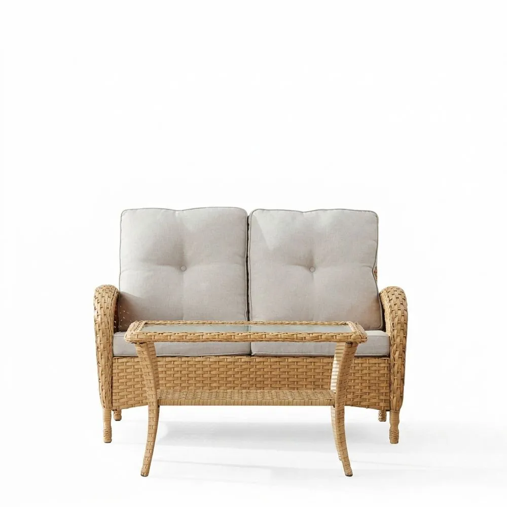 Conjunto de sofá de dos plazas de imitación ratán con cojines de fibra de poliéster y mesa de centro de cristal