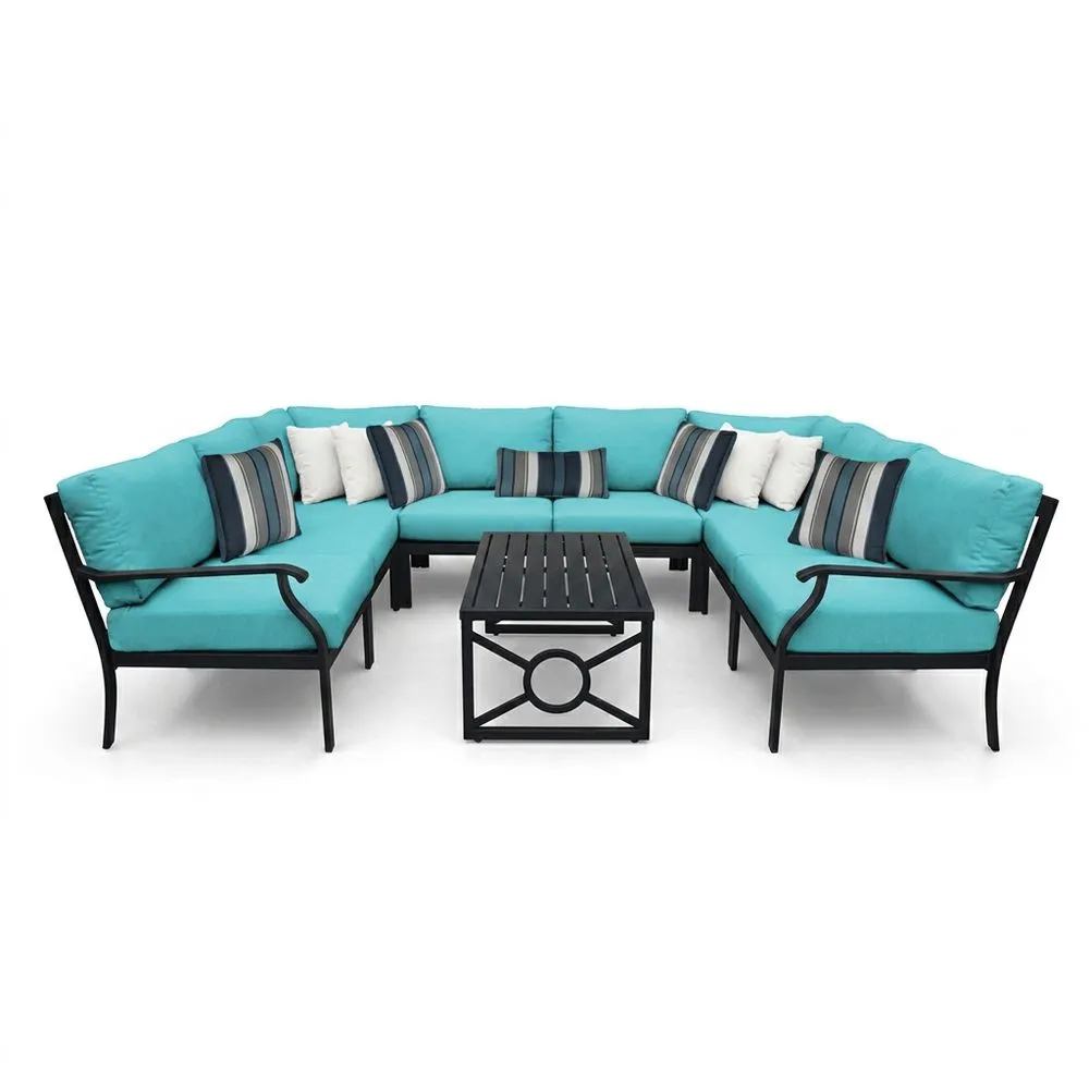 Conjunto de sofá de exterior aluminio cojines poliéster azul 7 piezas