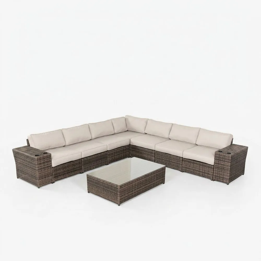 Set de Sofás Esquinero Exterior de Ratán Sintético Cojines Beige Vidrio Templado