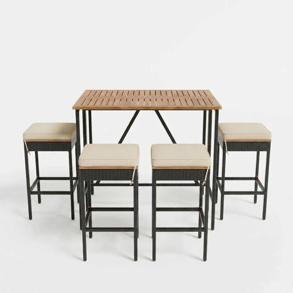 Mesa de comedor de teca y poliratán y conjunto de 4 taburetes de bar