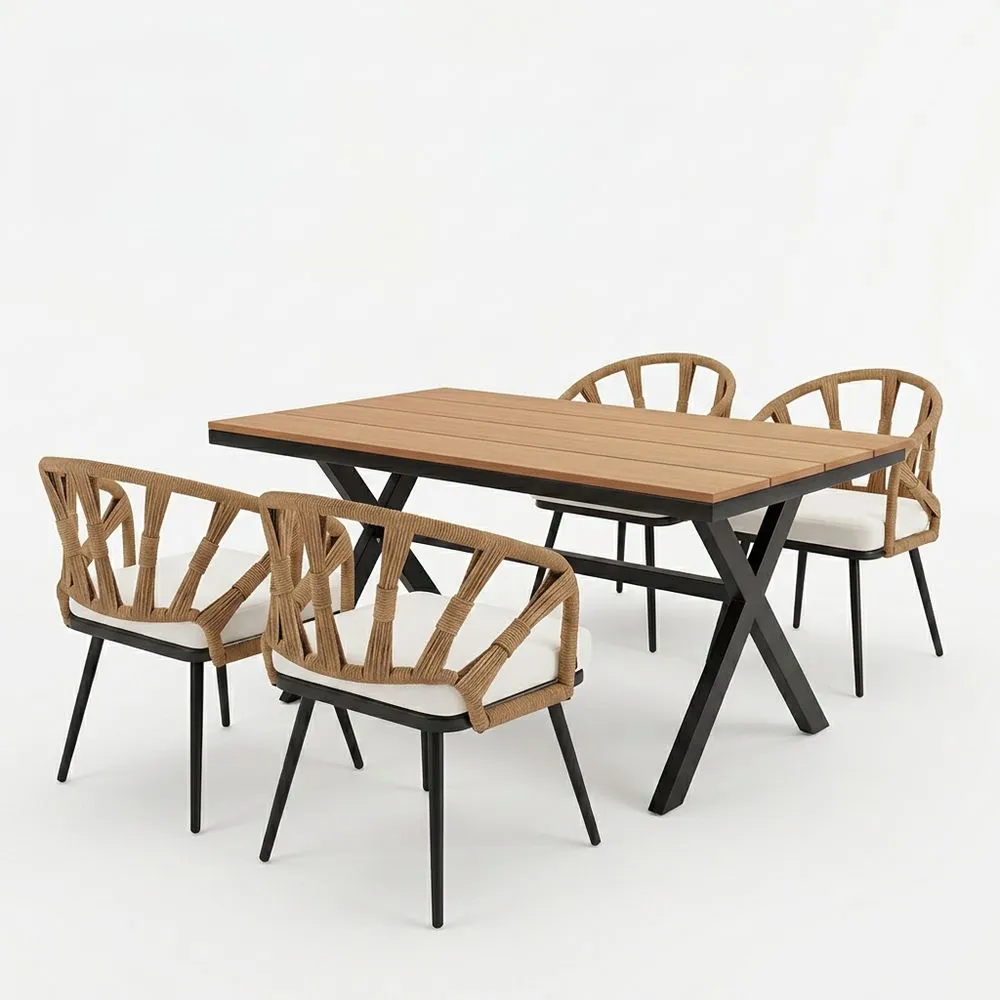 Conjunto de mesa y sillas de comedor de exterior de aluminio con tablero de madera de acacia y sillas de cuerda de poliéster
