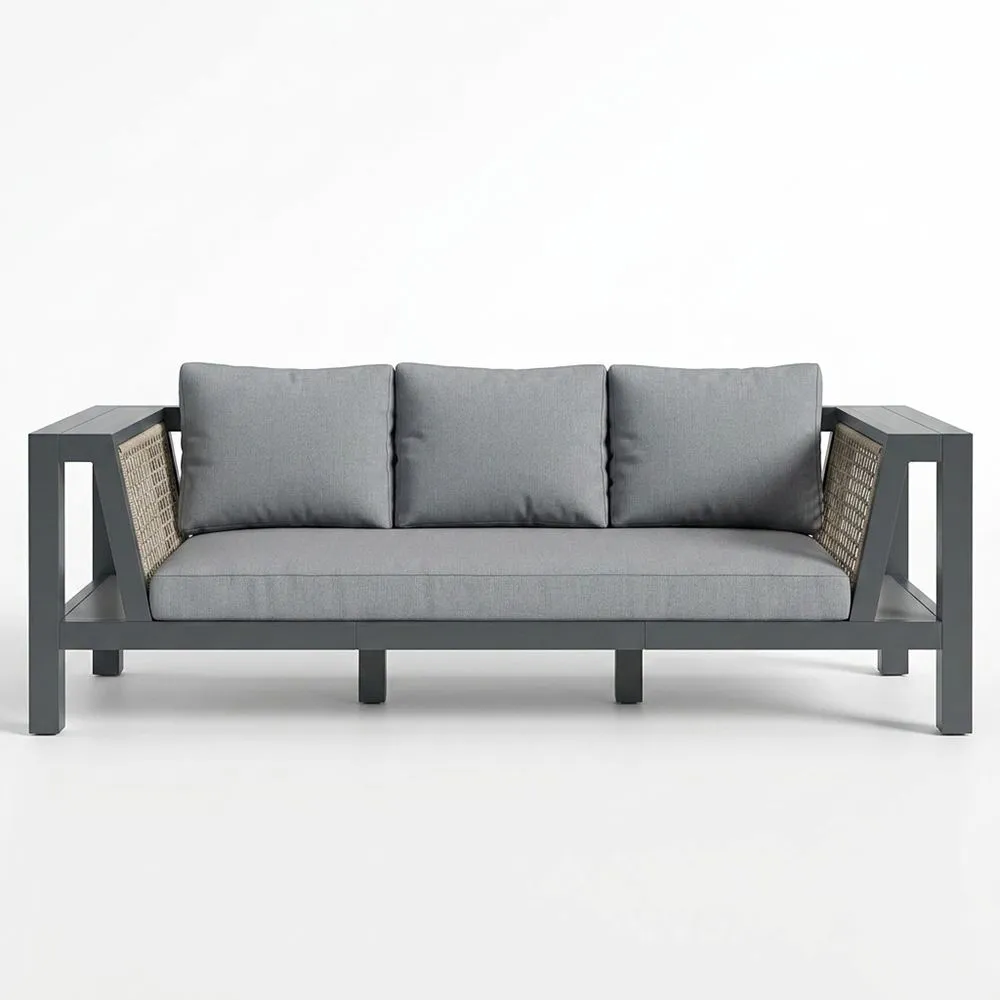 Sofá de aluminio gris de 200 cm con cojines de poliéster y malla natural
