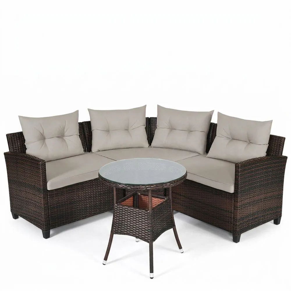 Conjunto de muebles de jardín de ratán sintético marrón, cojines de poliéster beige, mesa redonda de cristal templado