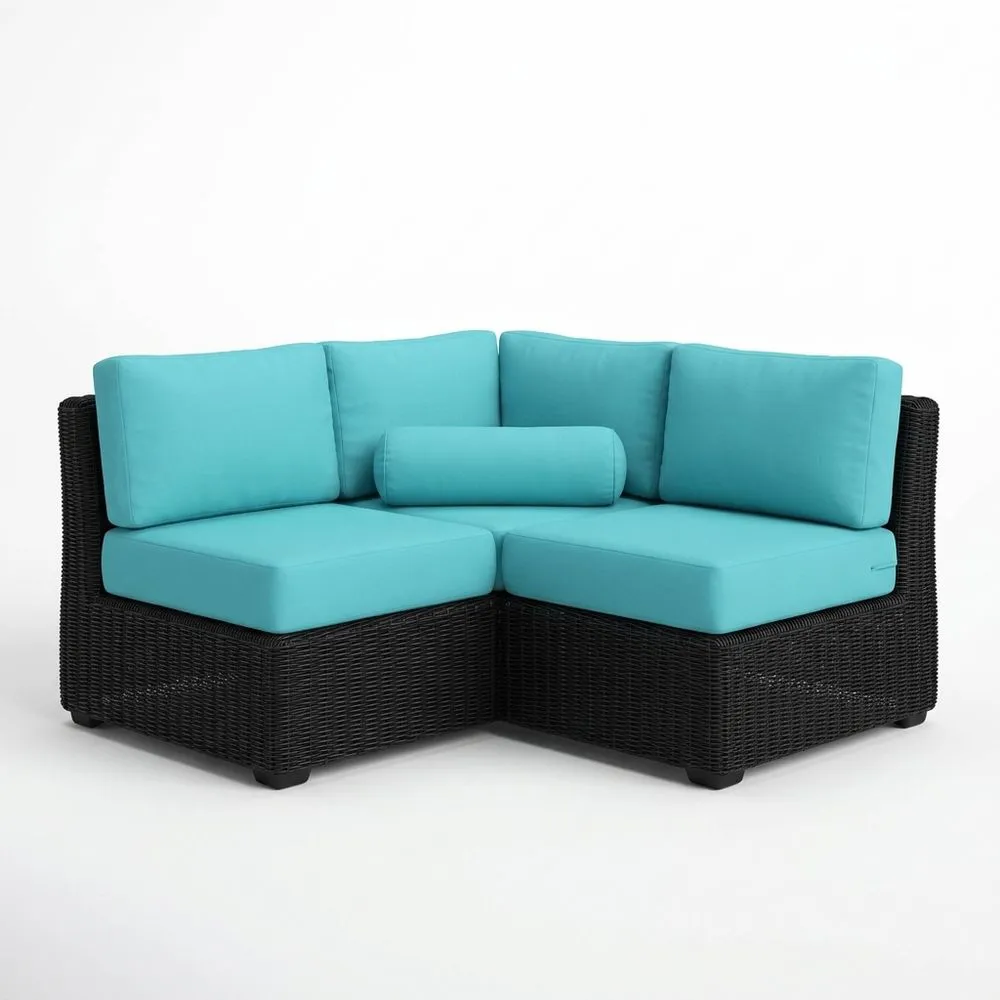 Sofá Esquinero de Ratán Sintético Negro con Cojines Turquesa