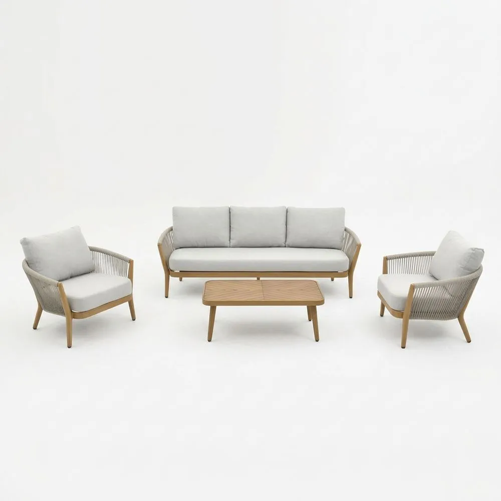 Conjunto de muebles de exterior de teca y ratán sintético con cojines de poliéster gris