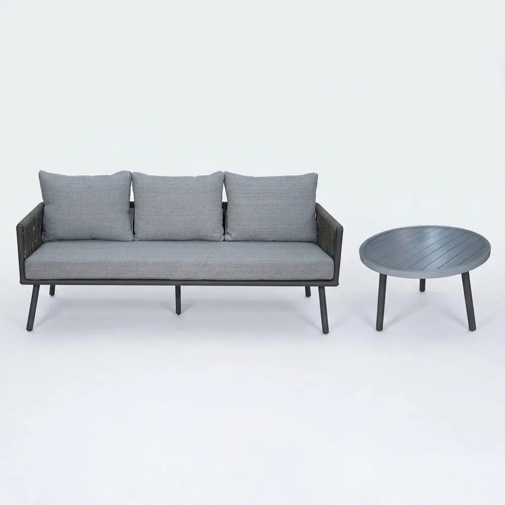 Conjunto de sofá y mesa redonda de aluminio gris para exterior