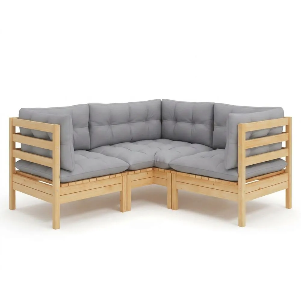 Sofá esquinero de madera maciza con cojines de fibra de poliéster gris