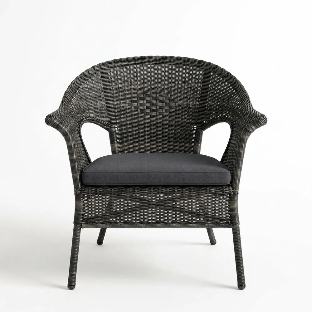 Silla de exterior de ratán sintético negro con cojín de asiento de poliéster gris