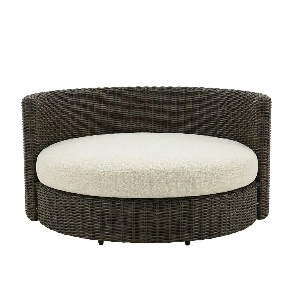 Sillón Redondo de Ratán Sintético Marrón Oscuro con Cojín Beige