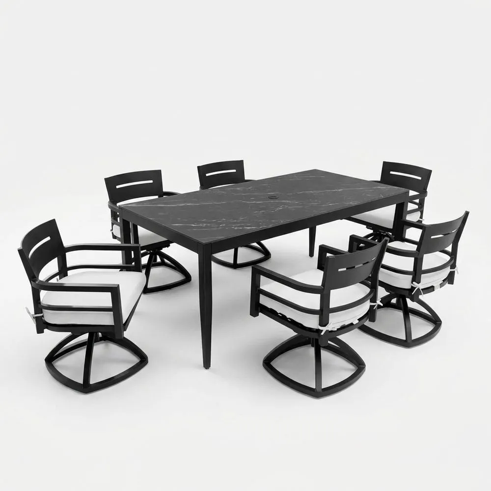 El conjunto de comedor de exterior con estructura de acero incluye 6 sillas y una mesa de mármol