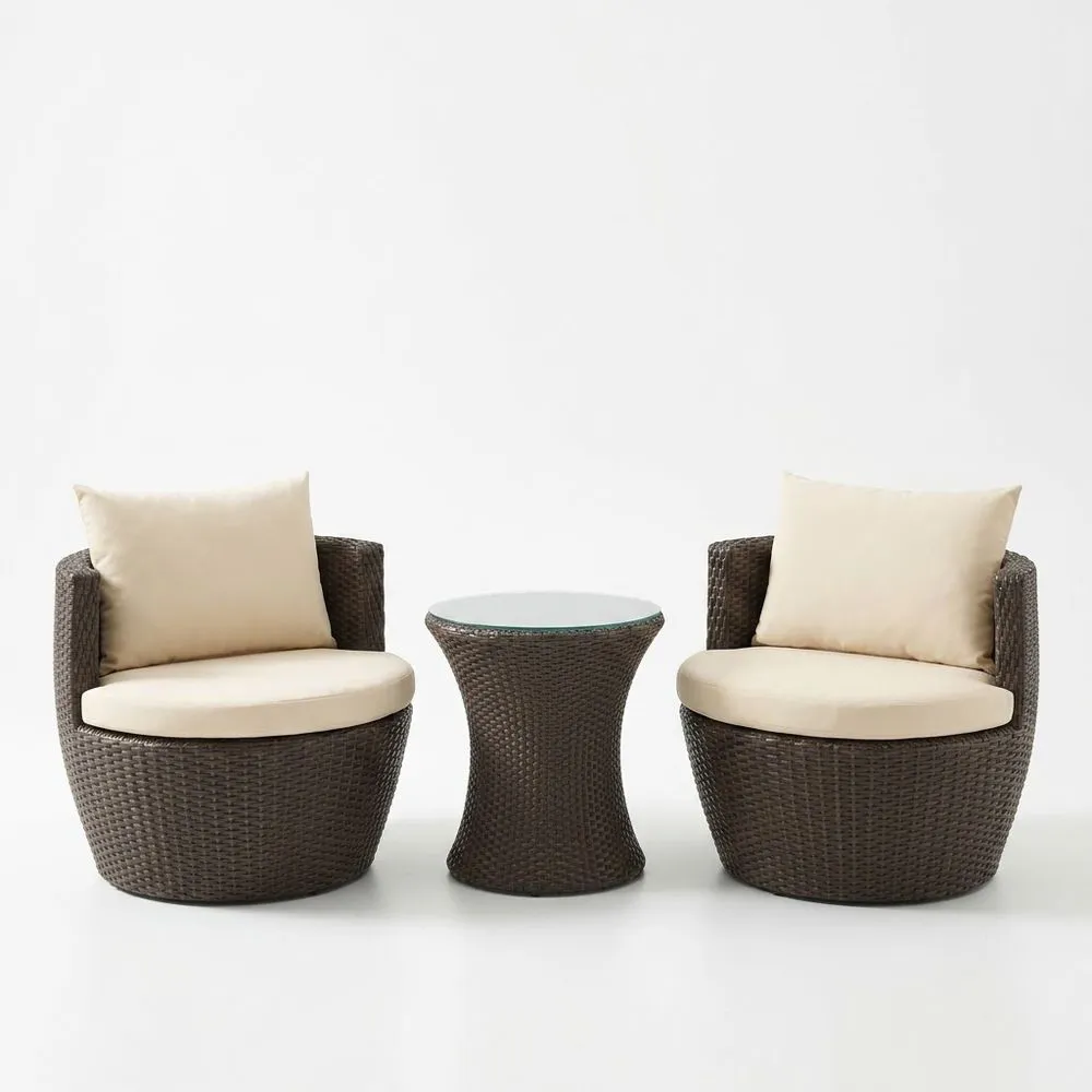 Conjunto de Muebles de Jardín de Ratán Sintético Marrón con Cojines Beige y Mesa de Vidrio Templado