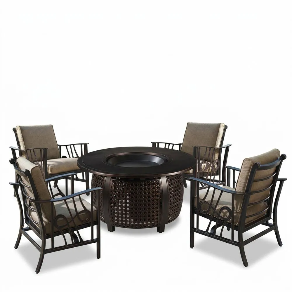 Una mesa de acero con una estufa y cuatro sillas acolchadas de color beige