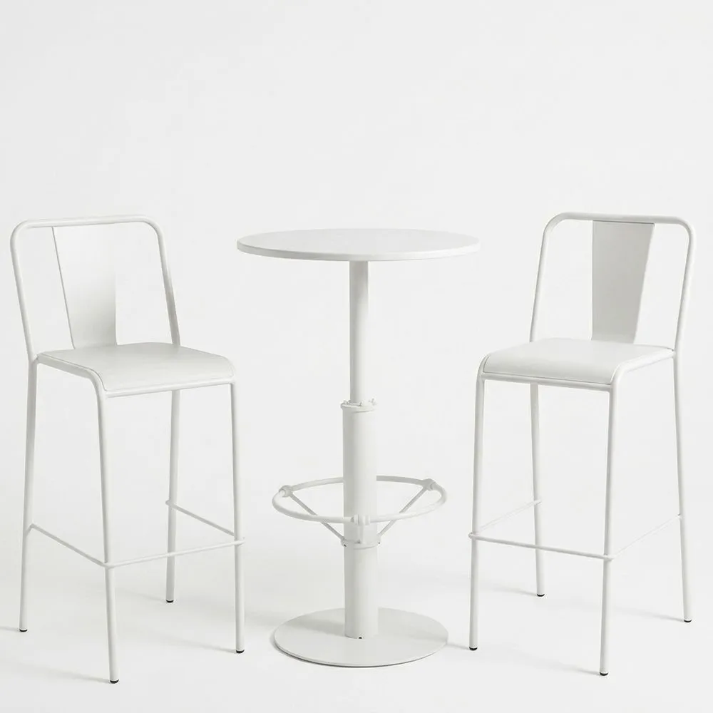 Mesa redonda alta de acero y conjunto de dos taburetes