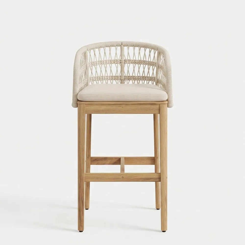 Trona de 95 cm con respaldo de roble y cuerda beige