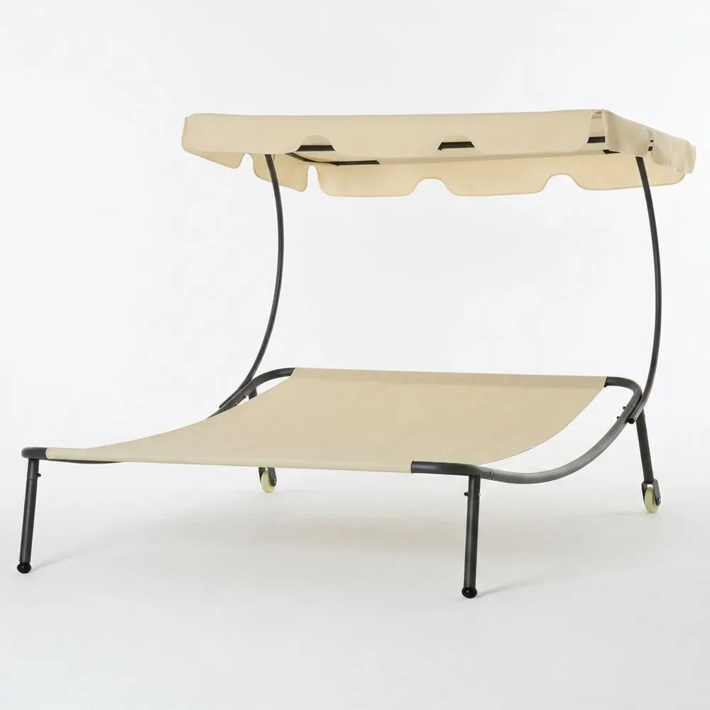 Sillón reclinable doble de acero y poliéster con parasol, color beige