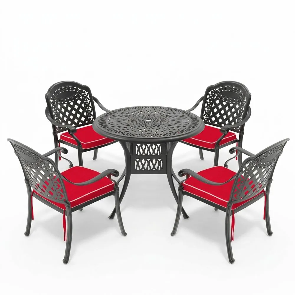 Conjunto de Mesa y Sillas de Aluminio Negro con Cojines Rojos