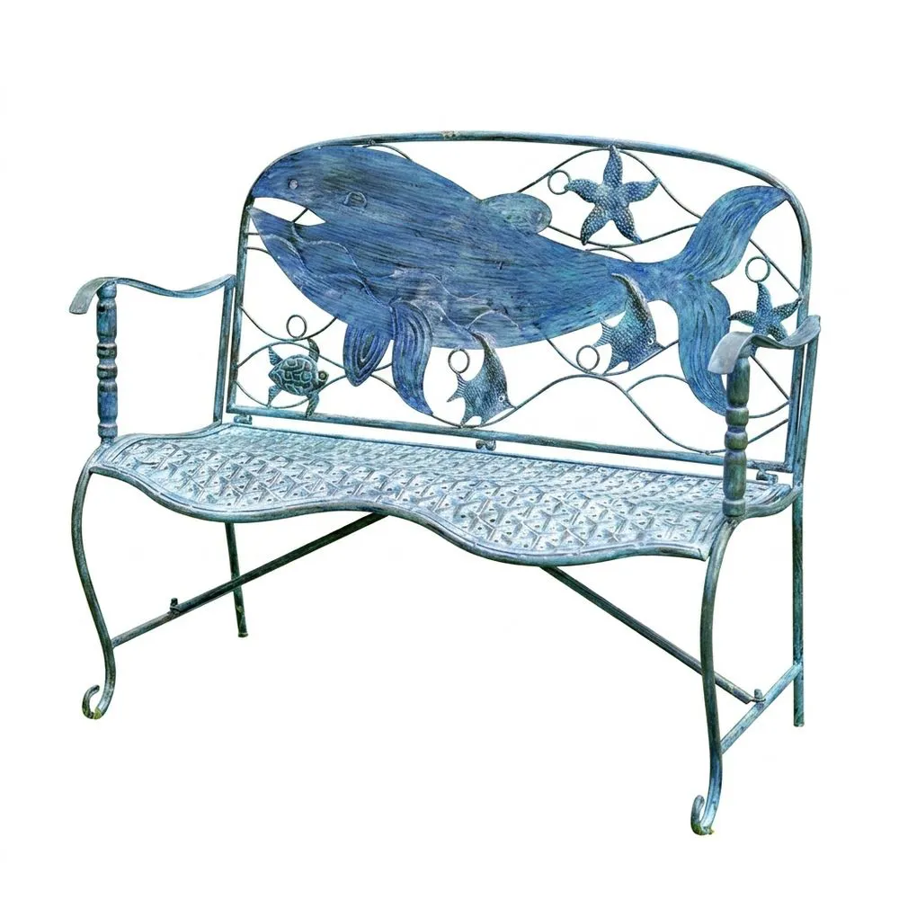 Banco de acero revestido de azul con diseño de ballena y estrella de mar