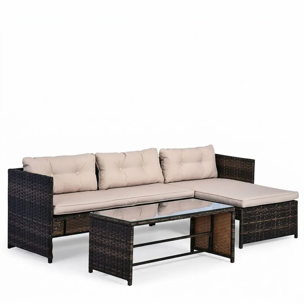 Conjunto de Sofá de Ratan Sintético Beige con Mesa de Vidrio