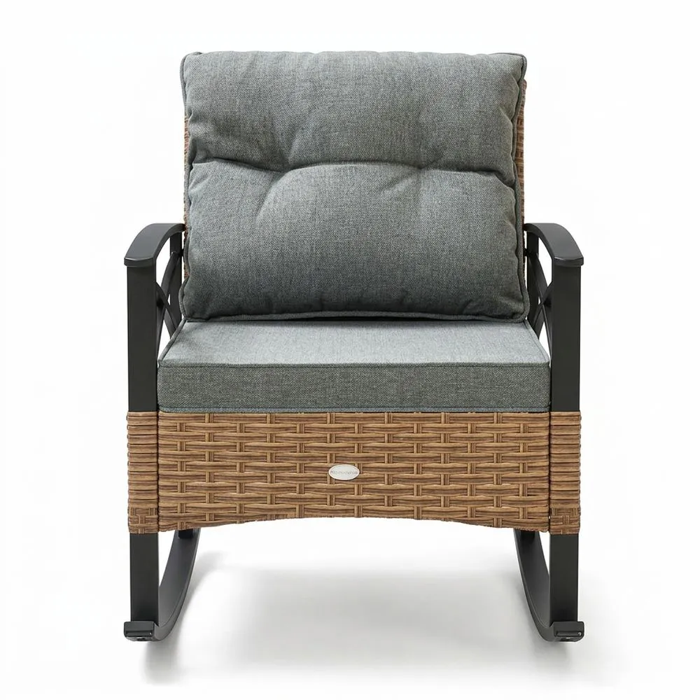 Silla Mecedora Exterior Aluminio y Ratán Sintético Cojines Grises