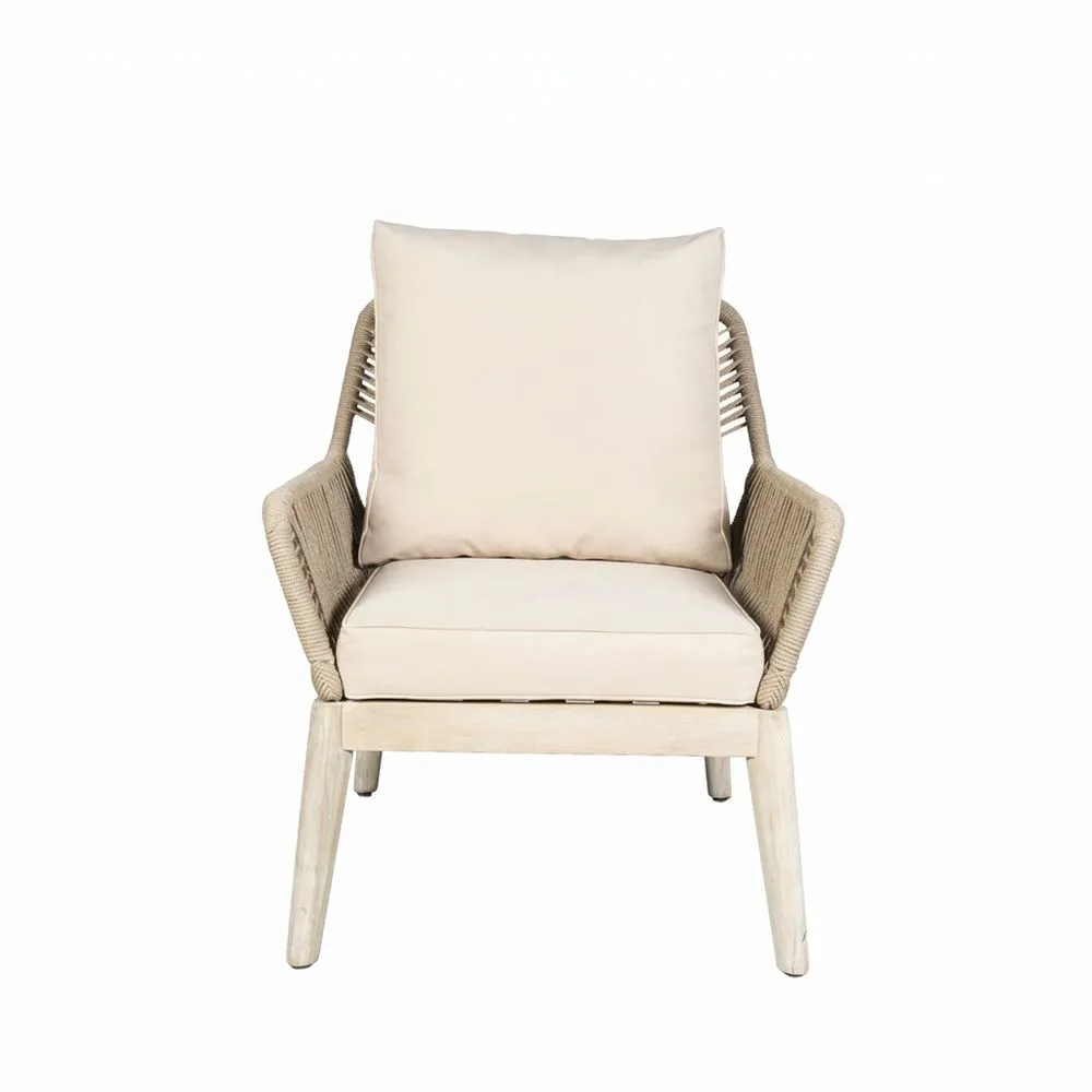 Sillón beige de madera maciza, cuerda trenzada de poliéster, cojín de poliéster