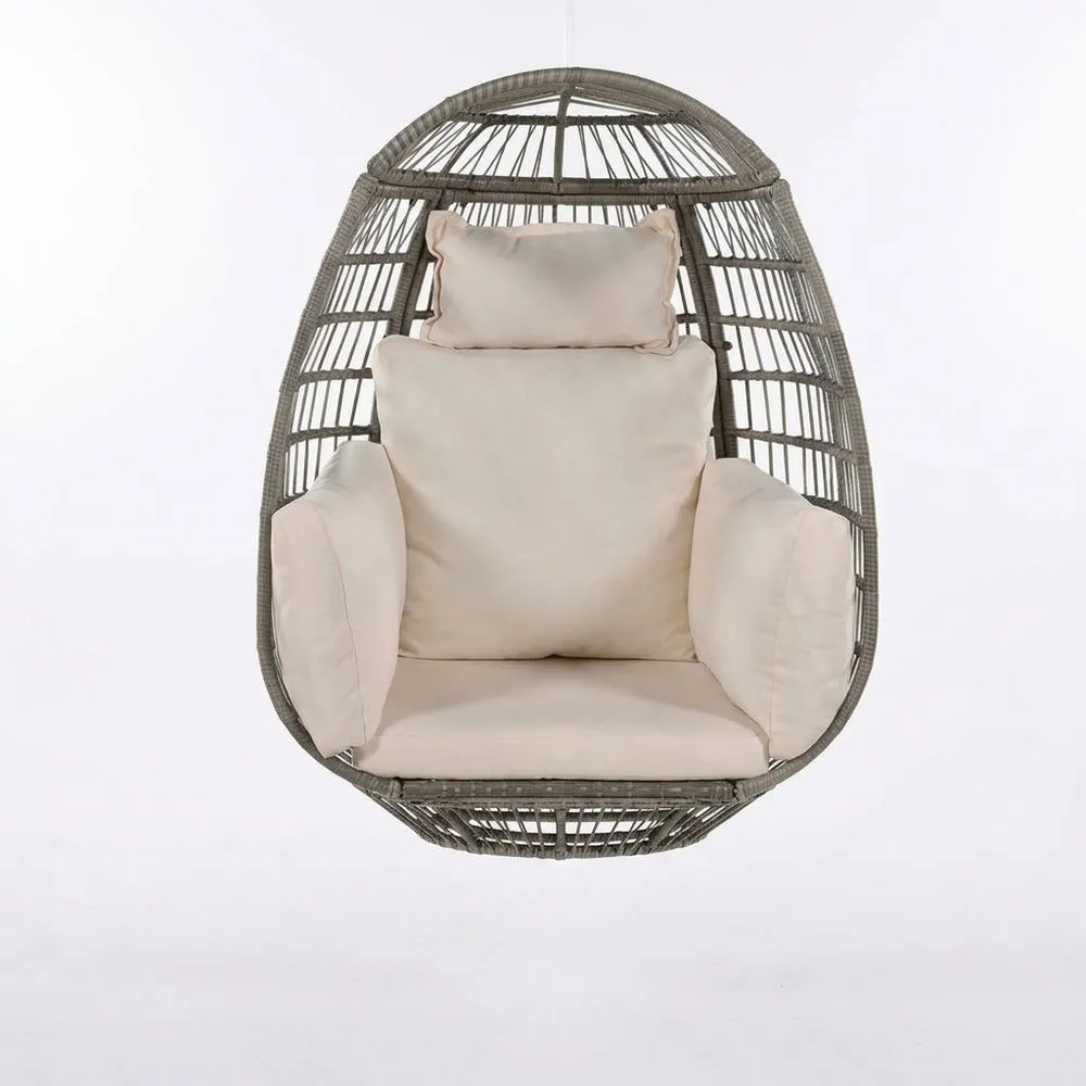 Silla Colgante de Ratán Sintético Gris con Cojines Beige