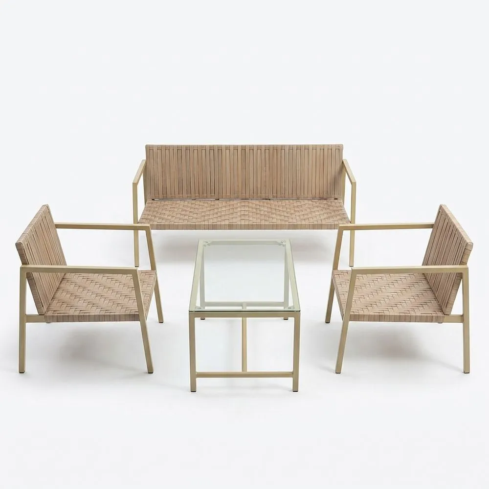 Conjunto de muebles de patio con estructura de aluminio beige y mesa de cristal