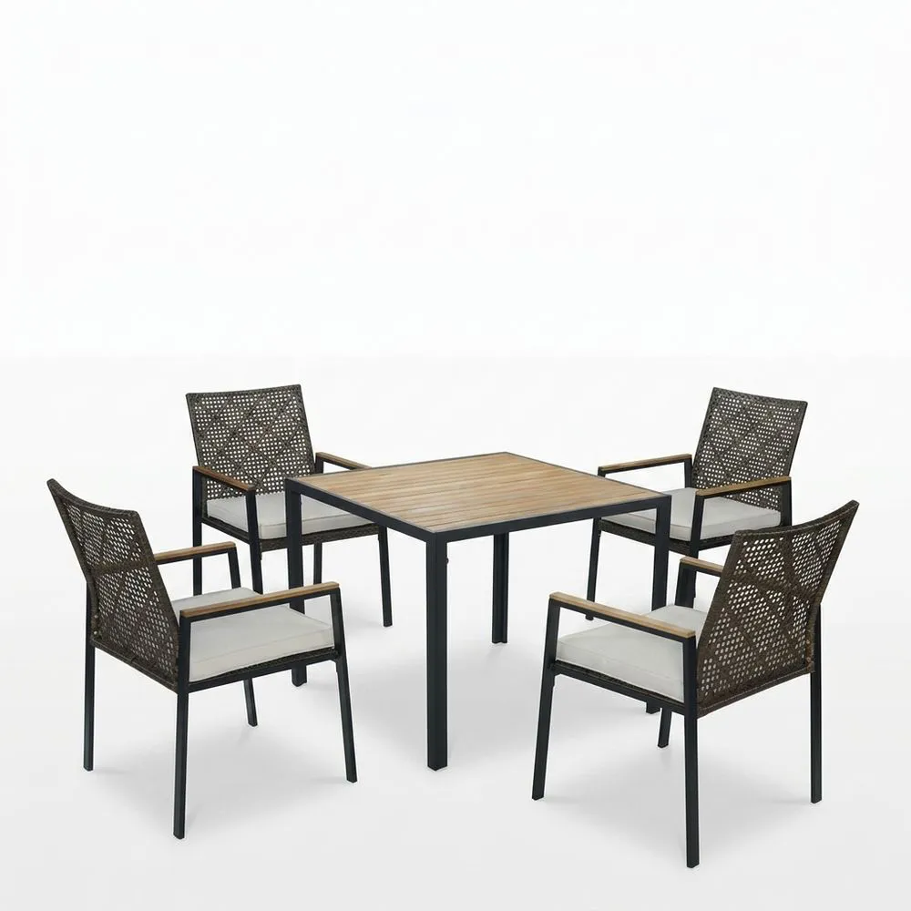 Conjunto de mesa de comedor de exterior de aluminio y madera de acacia con 4 sillas