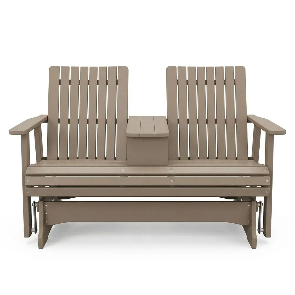 Banco exterior oscilante de HDPE marrón con soporte para bebidas