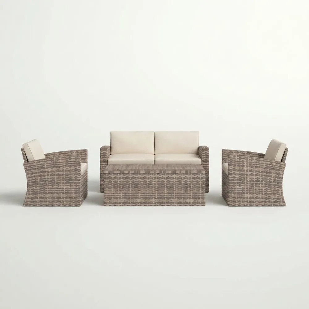 Conjunto de Sofá y Sillones de Ratán Sintético Marrón Beige