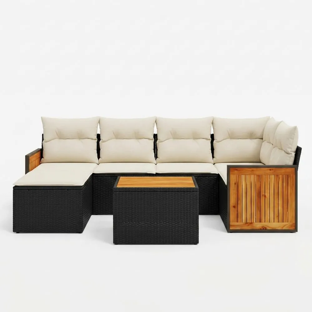 Sofá esquinero de ratán y madera de acacia con cojines de poliéster beige