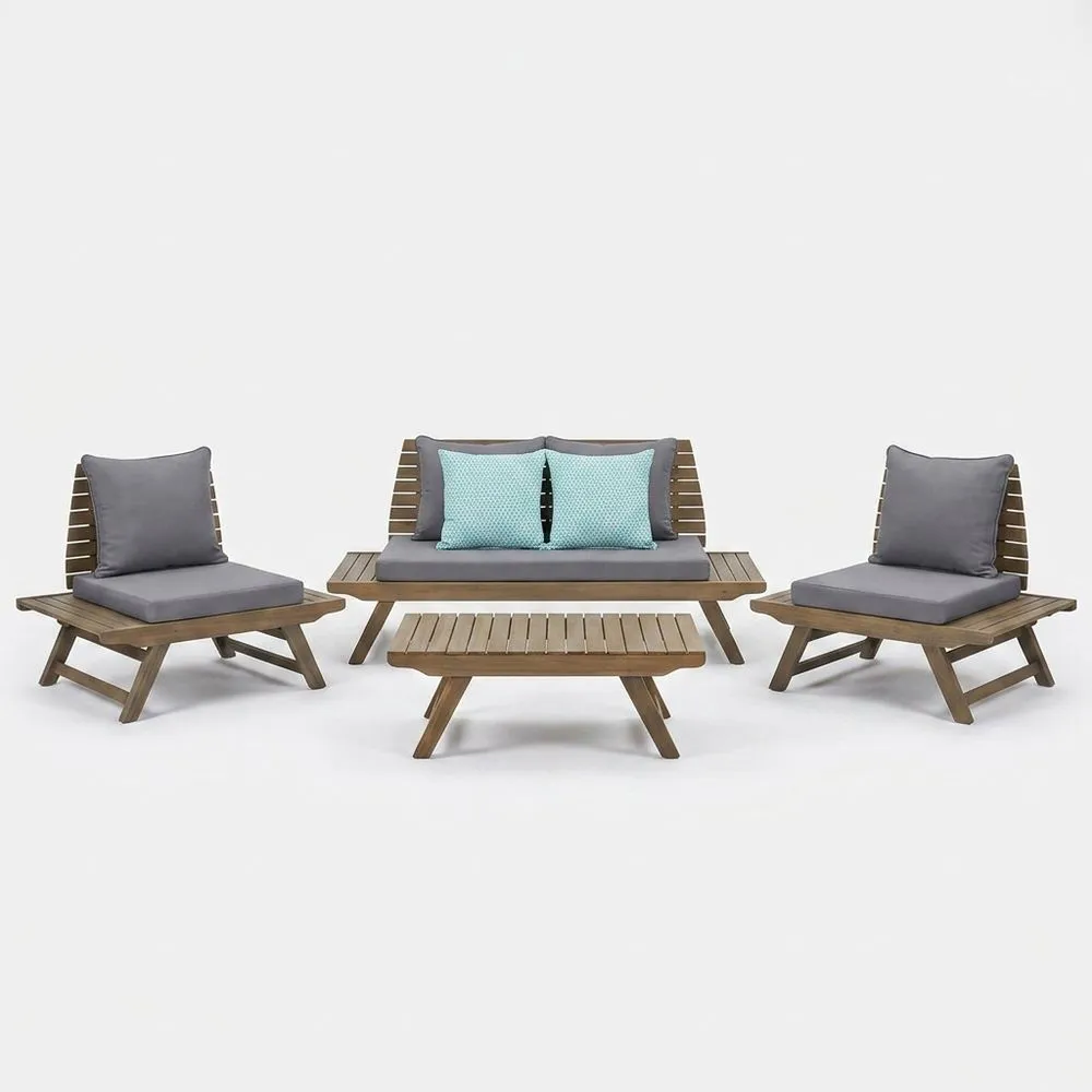 Conjunto de muebles de jardín de madera de acacia y cojines de poliéster en tonos marrón y gris