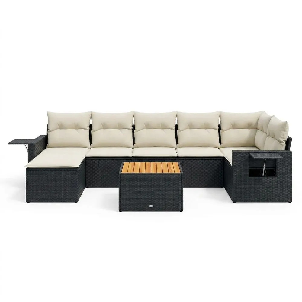 Sofá Modular de Ratán Sintético Negro con Cojines Beige y Mesa de Centro