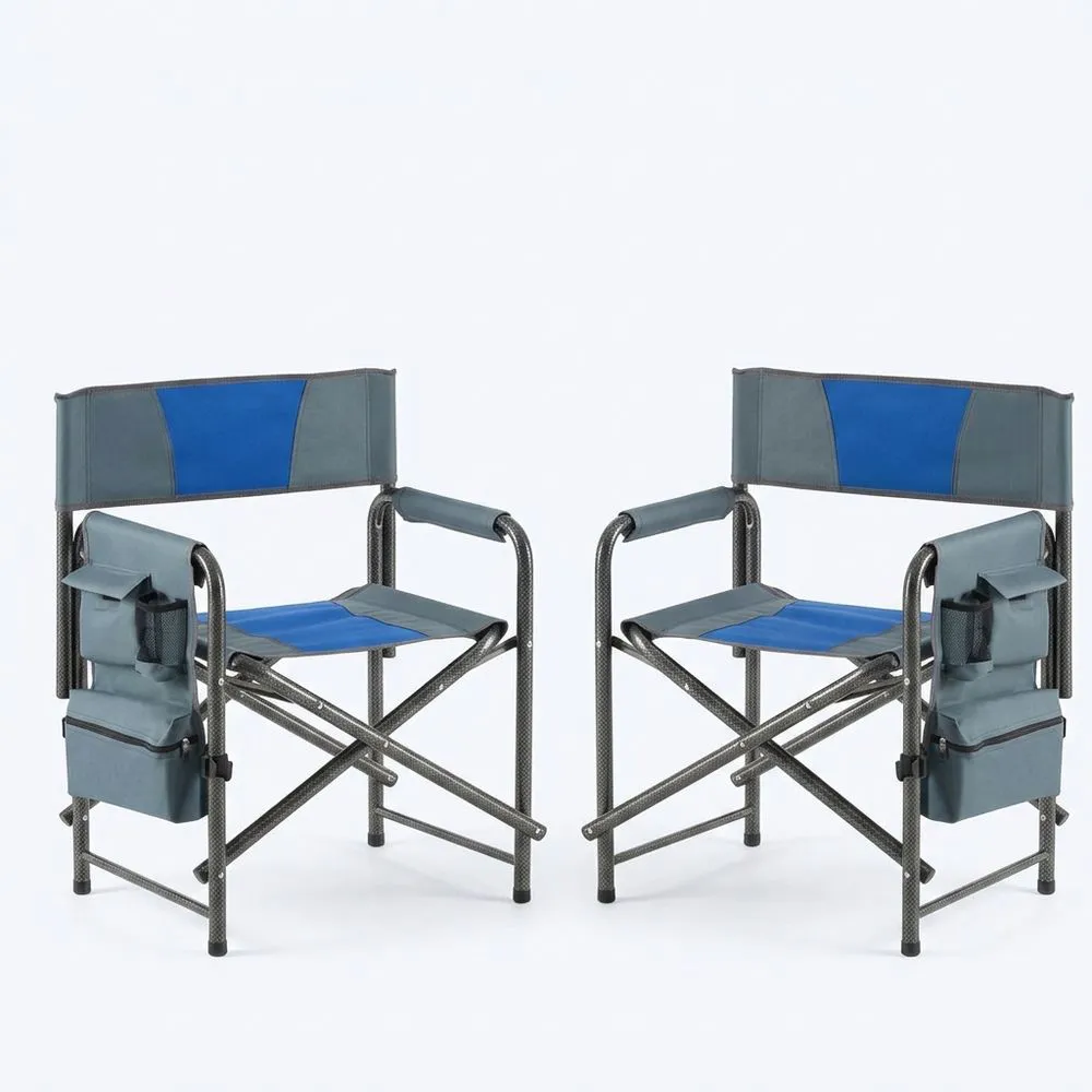 Juego de 2 Sillas Plegables de Aluminio con Bolsillos Laterales Azul/Gris