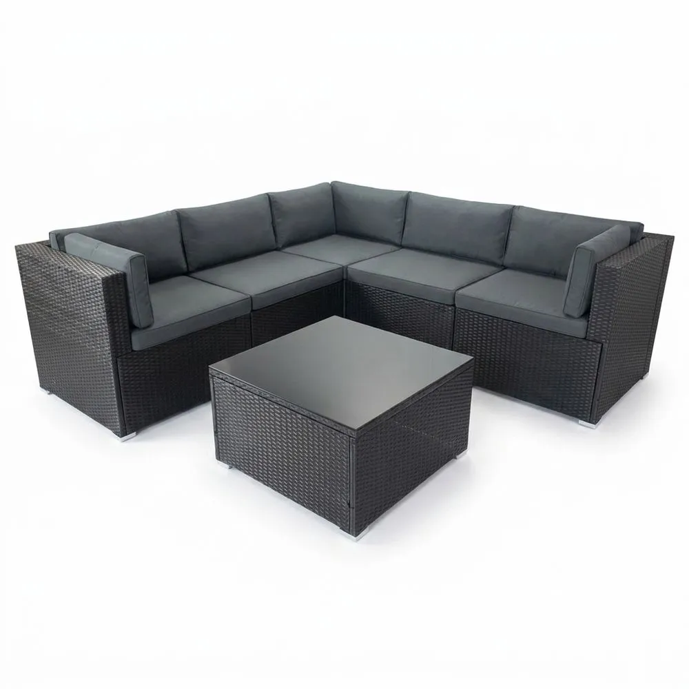 Juego de sofá modular exterior ratán PE negro con mesa de centro y cojines grises