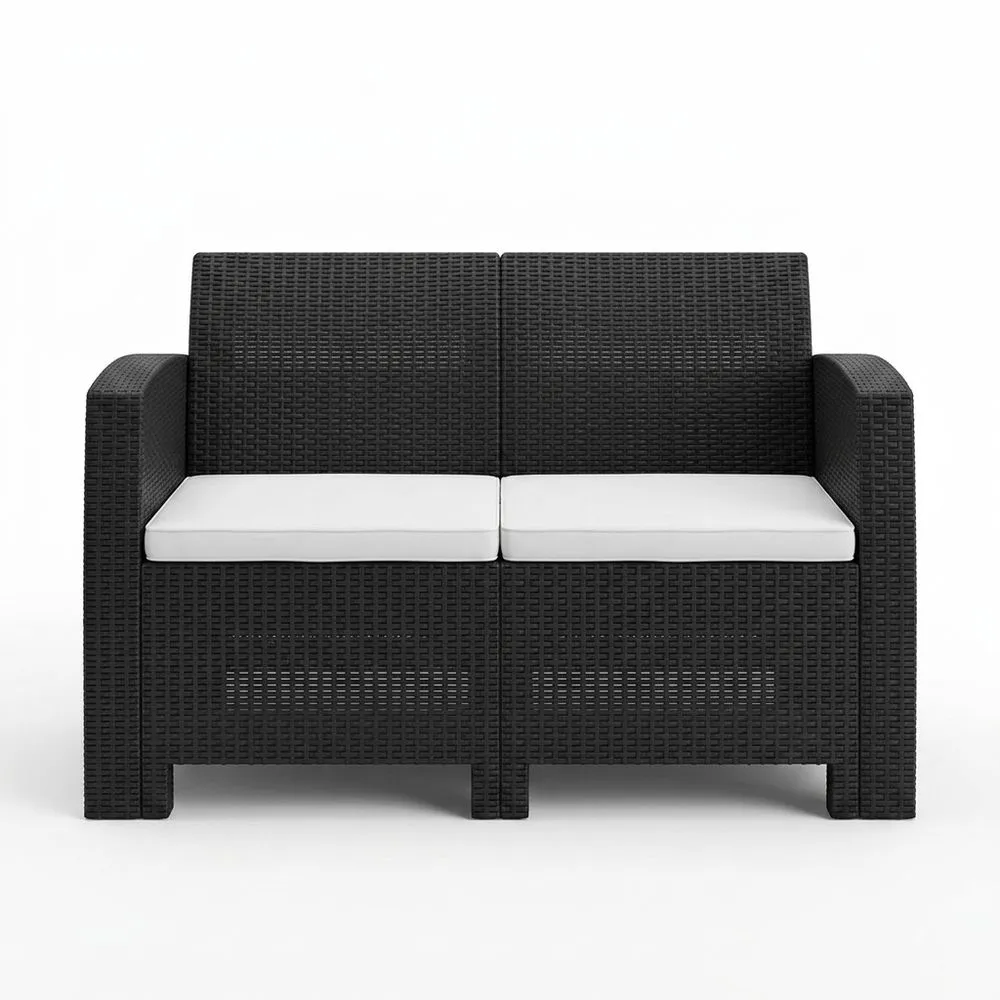 Sofá biplaza de plástico tejido negro con cojines de poliéster color crema 87x74x67 cm